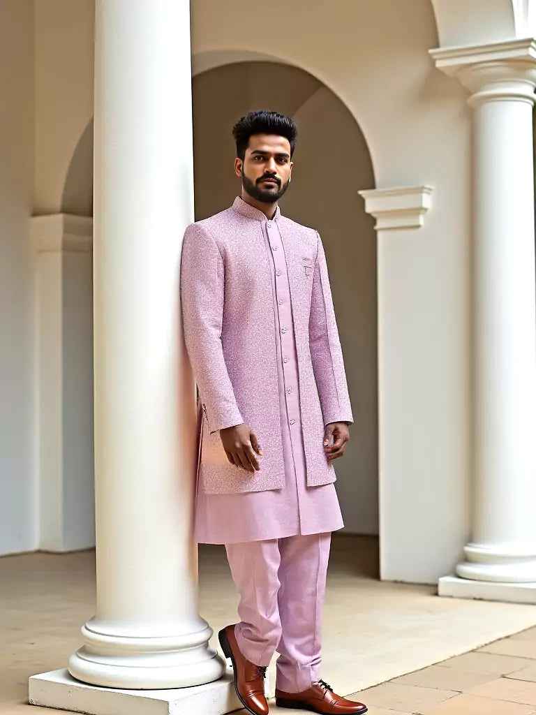 Onion Self Design Thread Embroidery work Cotton-Satin Kurta Jacket Set