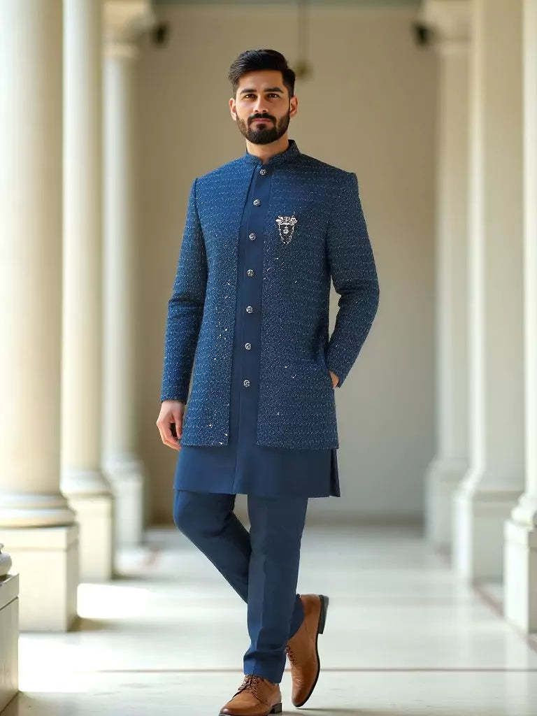 Rama Self Design Thread Embroidery work Cotton-Satin Kurta Jacket Set