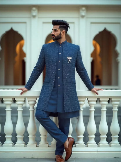 Rama Self Design Thread Embroidery work Cotton-Satin Kurta Jacket Set