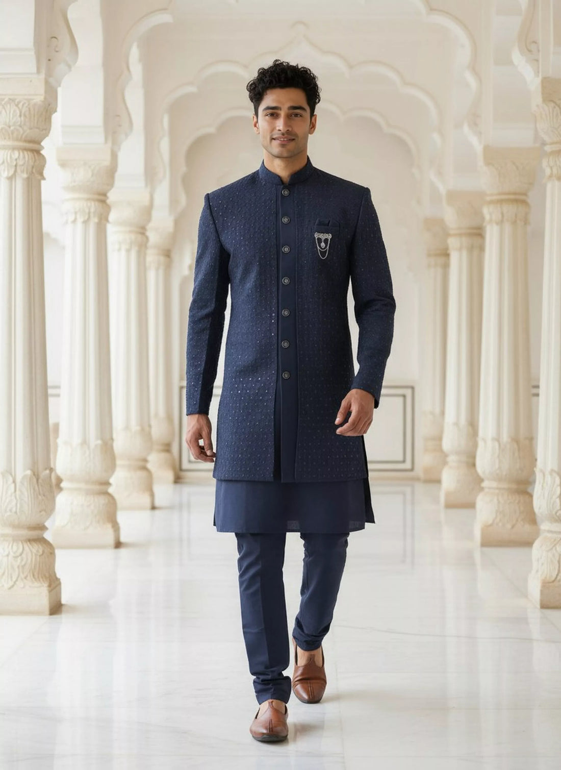 Thread work Floral Georgette Navy Kurta Jacket Set