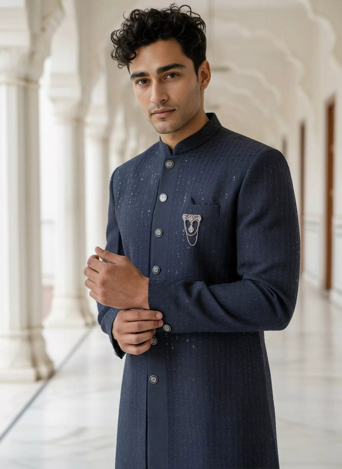 Thread work Floral Georgette Navy Kurta Jacket Set