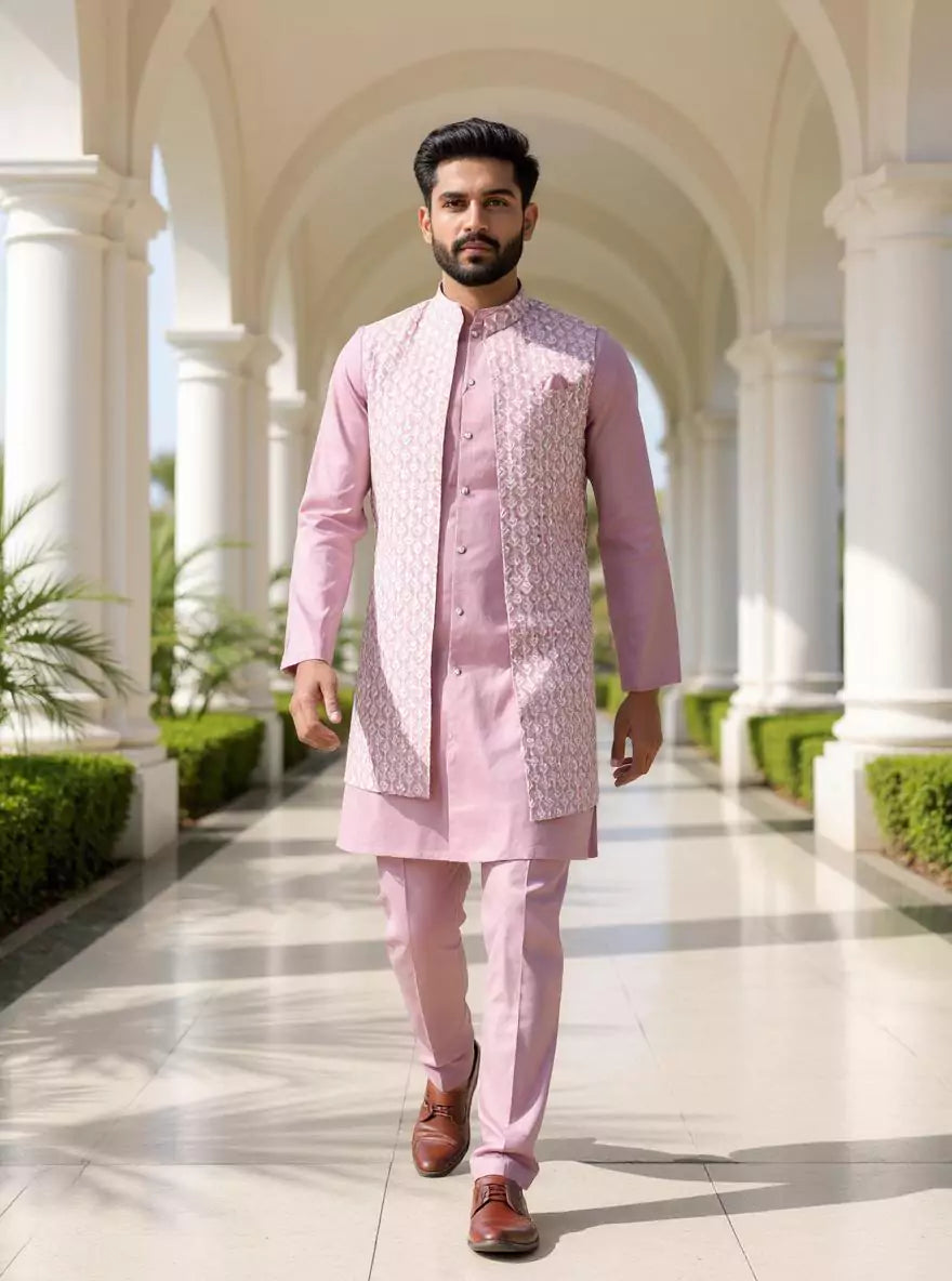 Onion Floral Cotton Silk Kurta with Thread work Jacket Set
