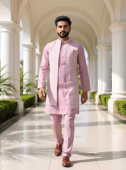 Onion Floral Cotton Silk Kurta with Thread work Jacket Set