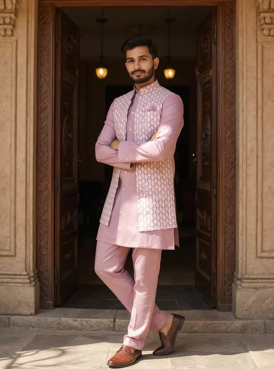 Onion Floral Cotton Silk Kurta with Thread work Jacket Set