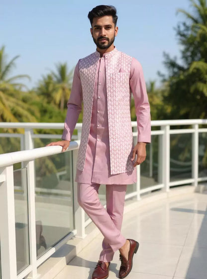 Onion Floral Cotton Silk Kurta with Thread work Jacket Set