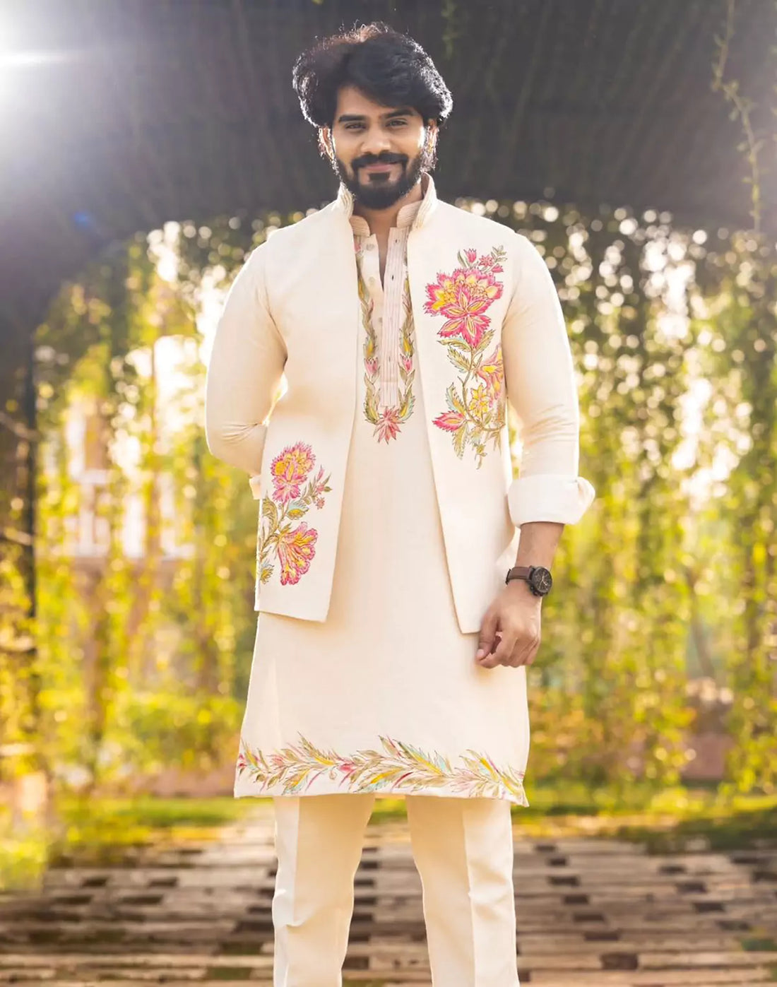 Floral Print Matka Silk Natural Color Kurta Jacket Set