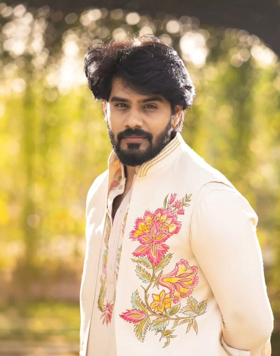Floral Print Matka Silk Natural Color Kurta Jacket Set