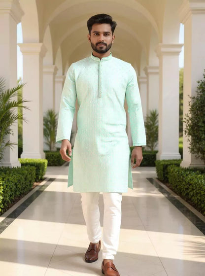 Sea Green Thread work Cotton Silk Kurta Pyjama Set