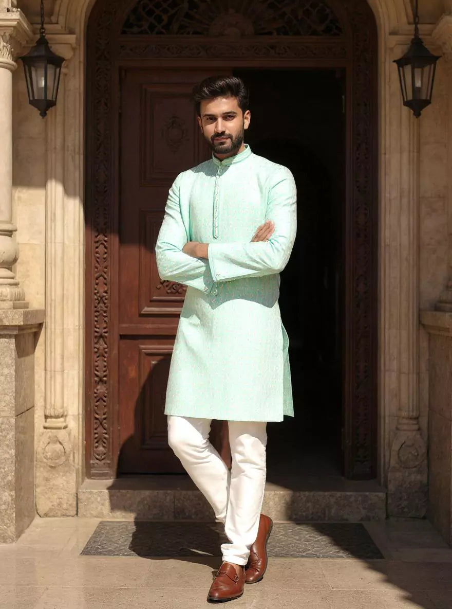Sea Green Thread work Cotton Silk Kurta Pyjama Set