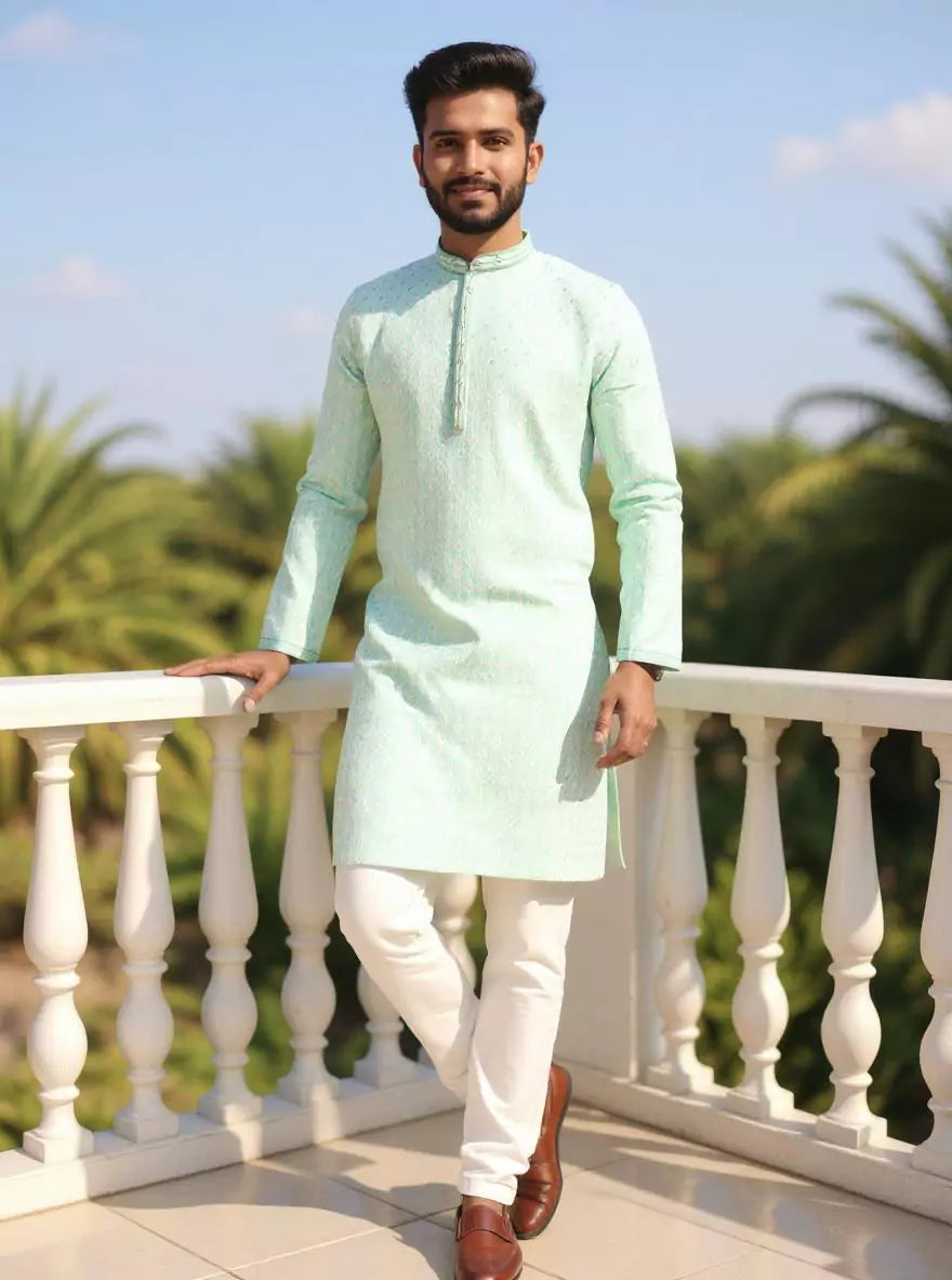 Sea Green Thread work Cotton Silk Kurta Pyjama Set