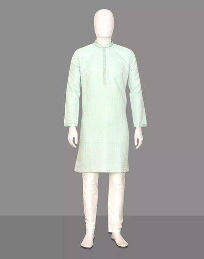 Sea Green Thread work Cotton Silk Kurta Pyjama Set