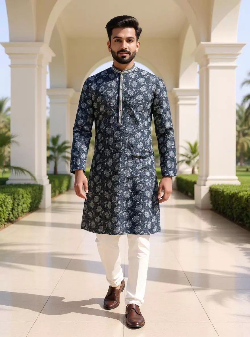 Elegance Grey Floral Printed Georgette Kurta Pajama