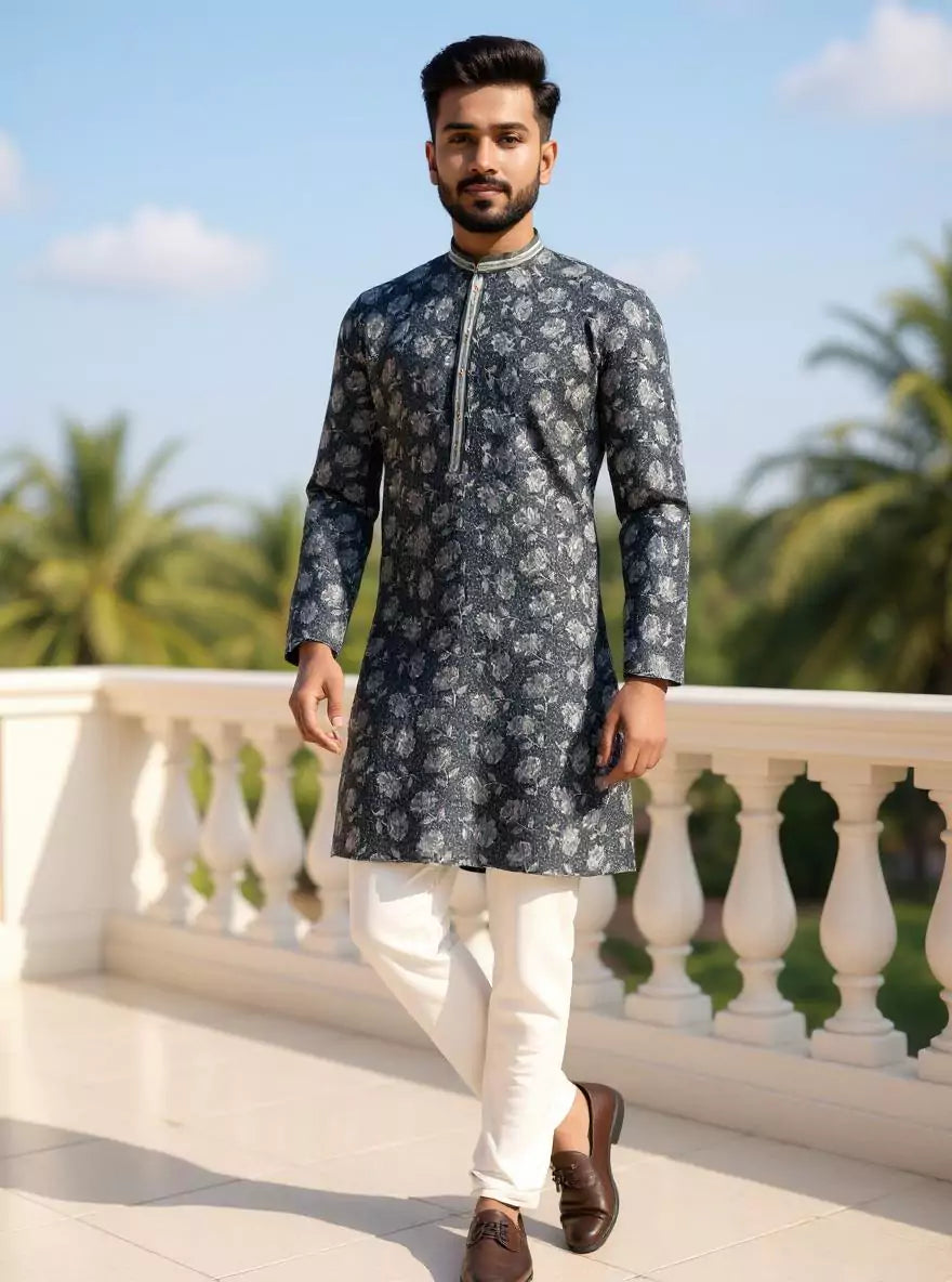 Elegance Grey Floral Printed Georgette Kurta Pajama