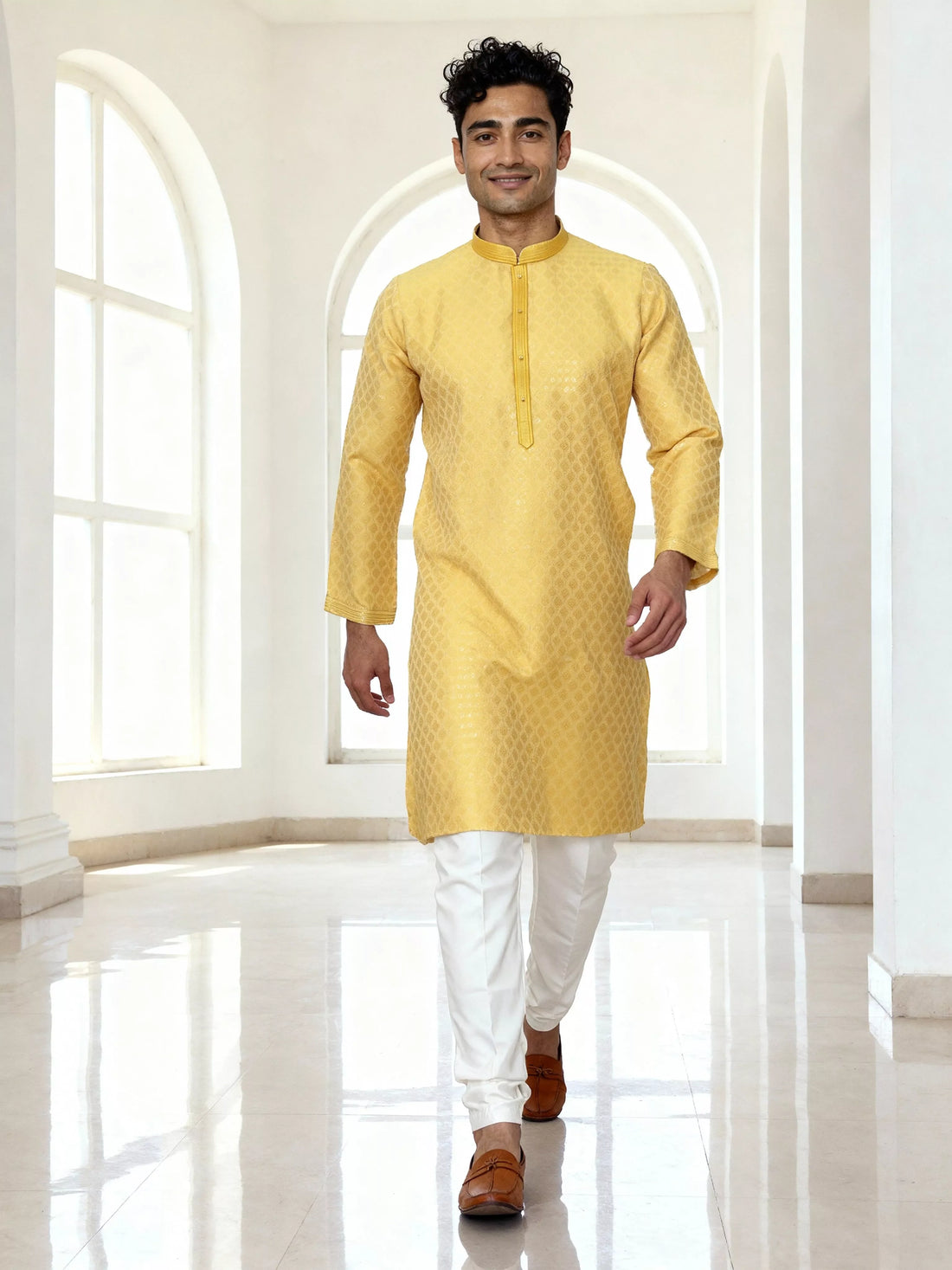 Bright Yellow Trellis Patterned Jacquard Kurta Pyjama