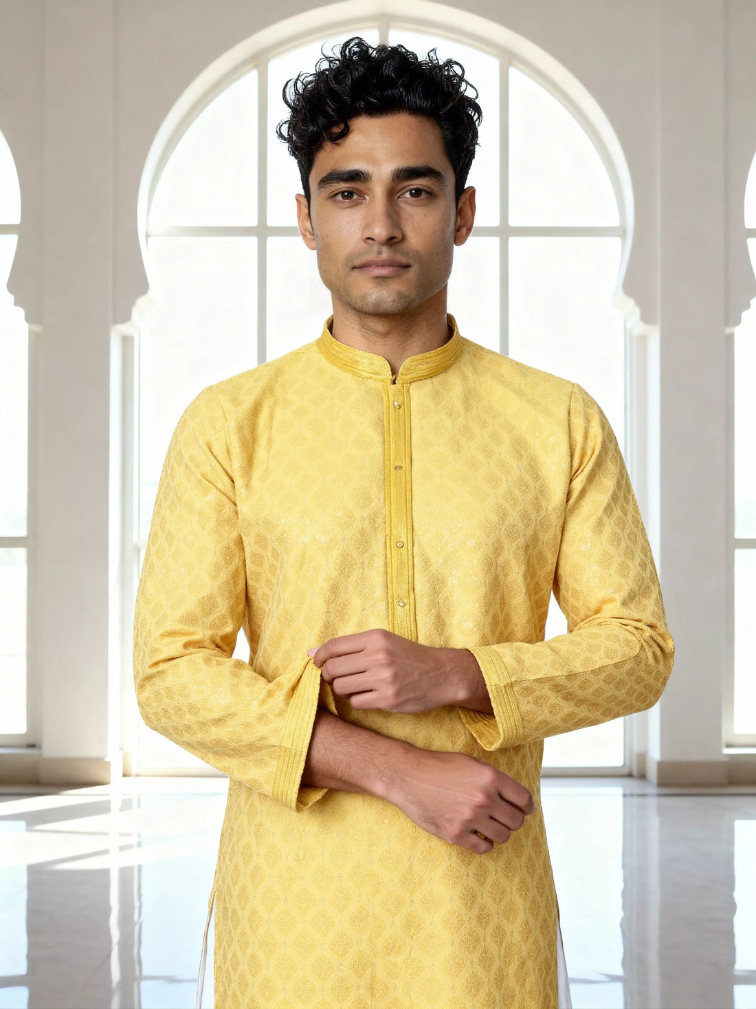 Bright Yellow Trellis Patterned Jacquard Kurta Pyjama