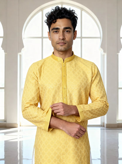 Bright Yellow Trellis Patterned Jacquard Kurta Pyjama