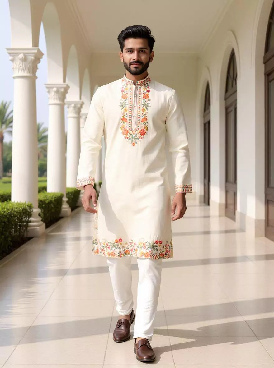 Cloud Cream Embroidered Floral Cotton Silk Kurta Pyjama Set