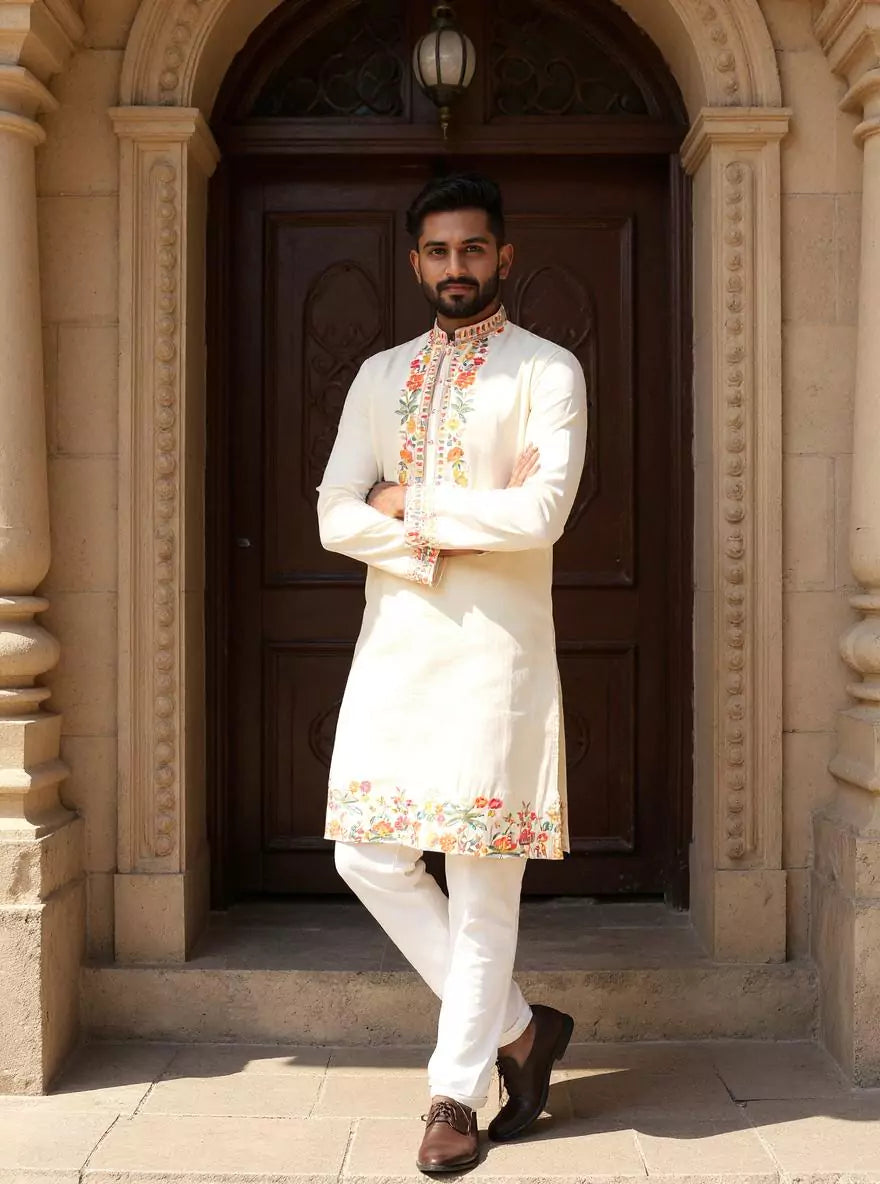 Cloud Cream Embroidered Floral Cotton Silk Kurta Pyjama Set