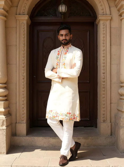 Cloud Cream Embroidered Floral Cotton Silk Kurta Pyjama Set