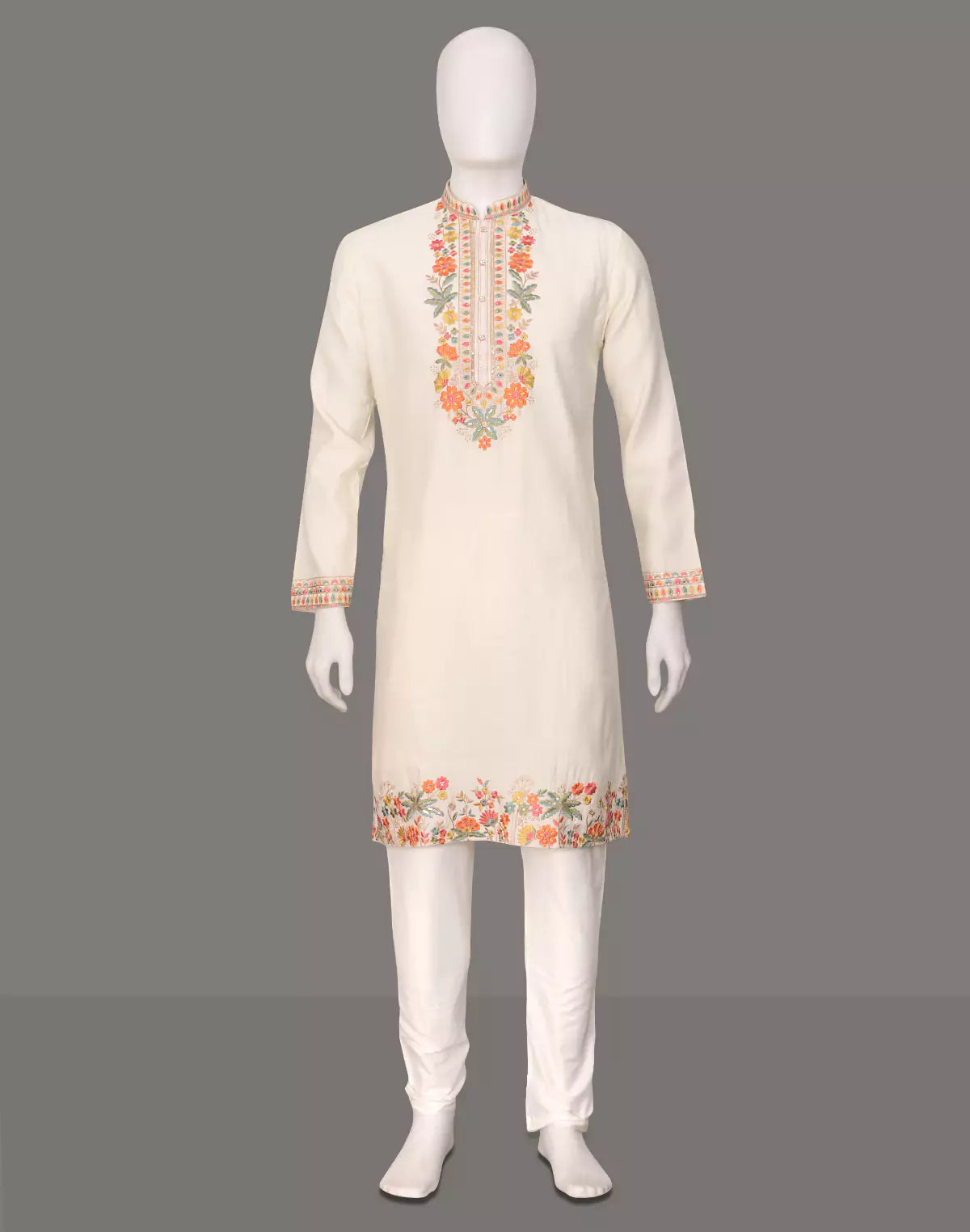 Cloud Cream Embroidered Floral Cotton Silk Kurta Pyjama Set