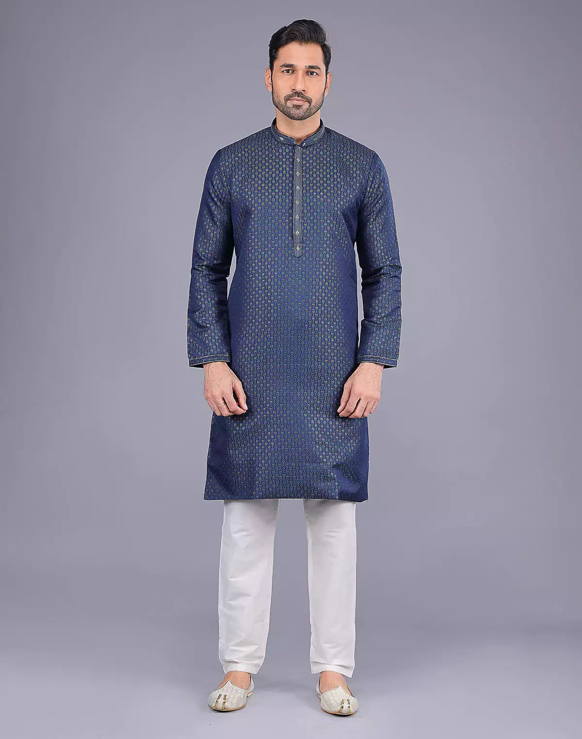 Navy Blue Self Highlighted Thread work Soft Silk Kurta Set