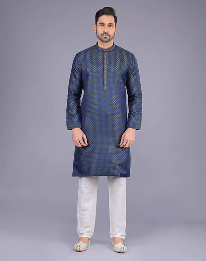 Navy Blue Self Highlighted Thread work Soft Silk Kurta Set