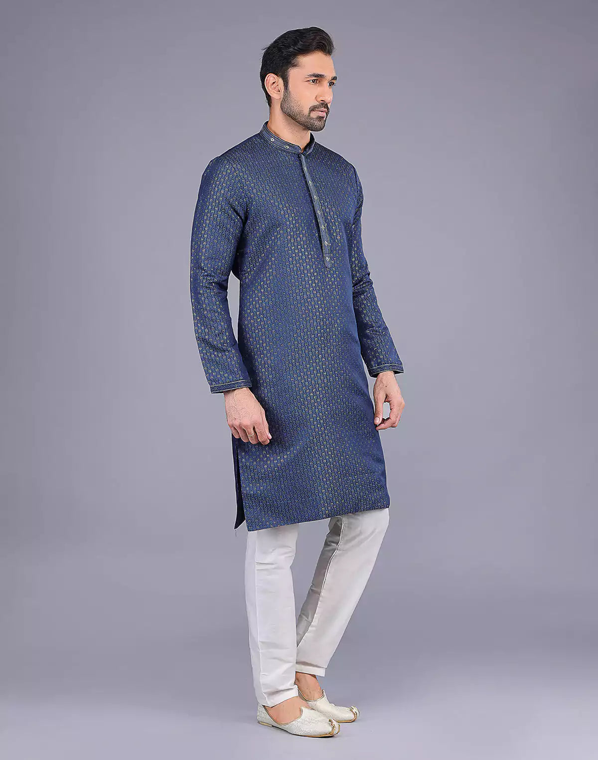 Navy Blue Self Highlighted Thread work Soft Silk Kurta Set