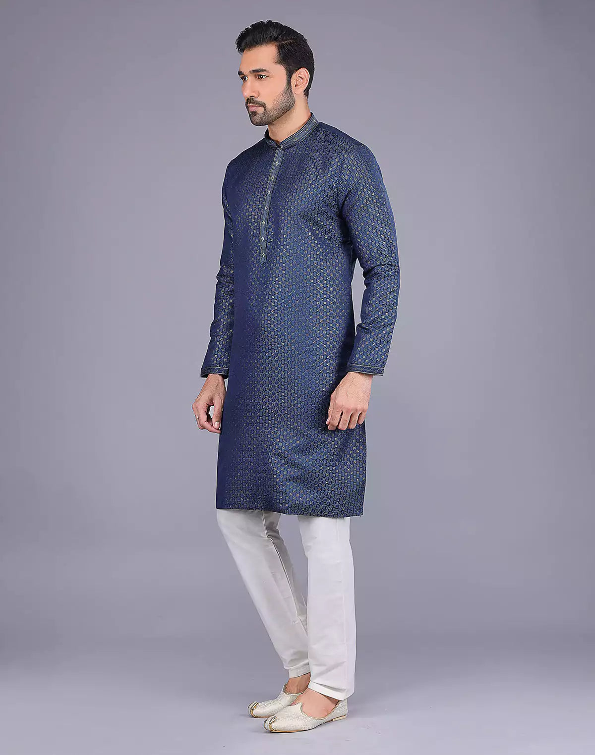 Navy Blue Self Highlighted Thread work Soft Silk Kurta Set