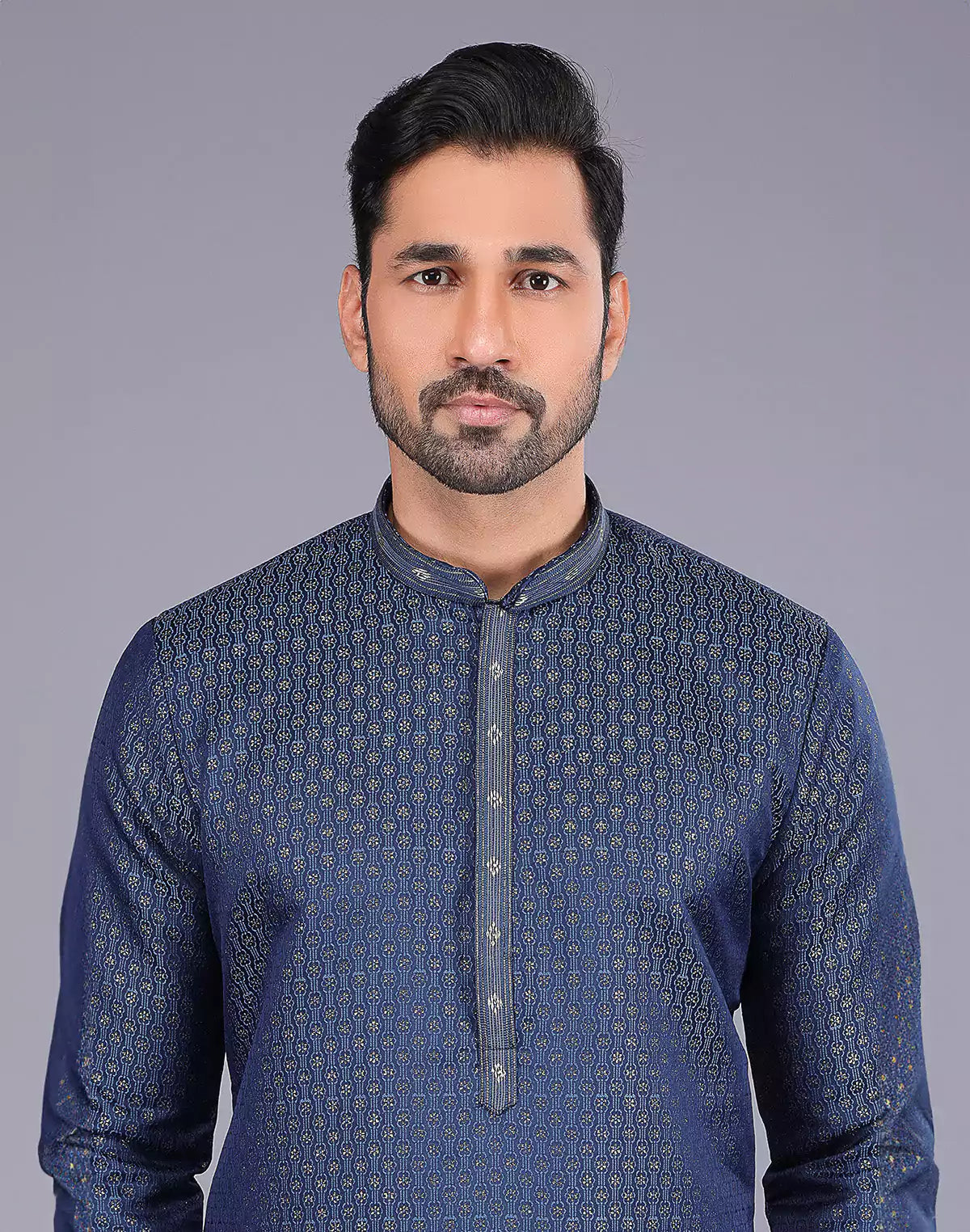 Navy Blue Self Highlighted Thread work Soft Silk Kurta Set