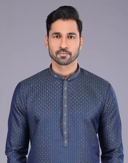 Navy Blue Self Highlighted Thread work Soft Silk Kurta Set