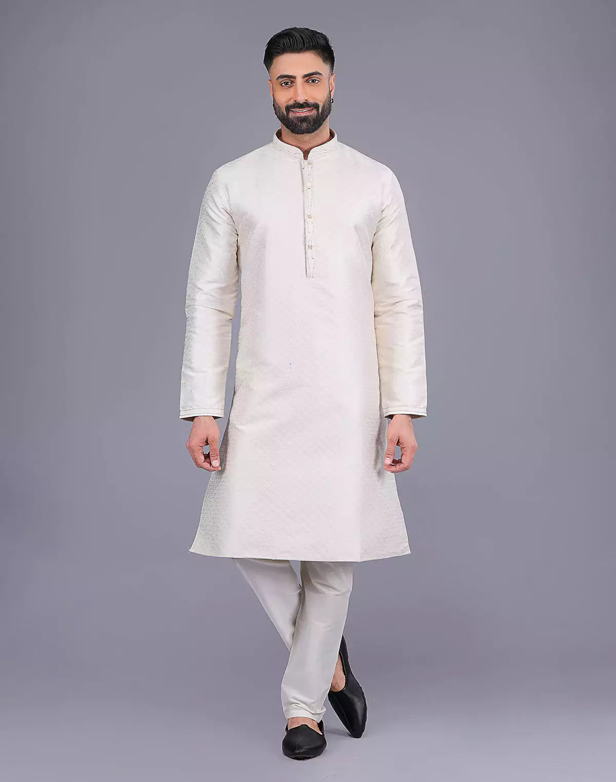 Self Design Cream Colour Soft Silk Stones work Kurta Pyjama Set