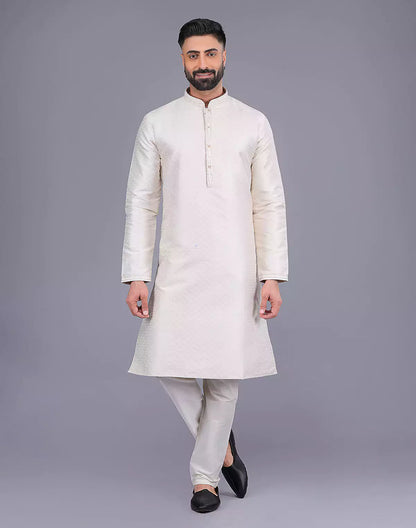 Self Design Cream Colour Soft Silk Stones work Kurta Pyjama Set