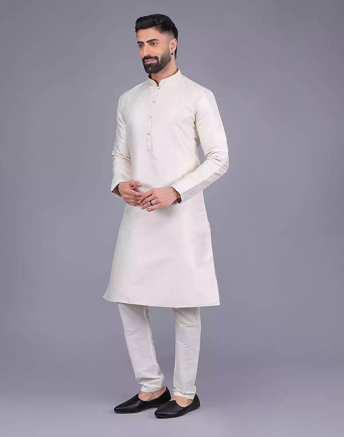 Self Design Cream Colour Soft Silk Stones work Kurta Pyjama Set