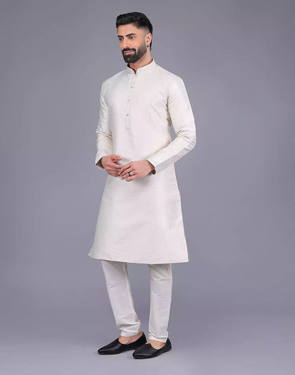 Self Design Cream Colour Soft Silk Stones work Kurta Pyjama Set