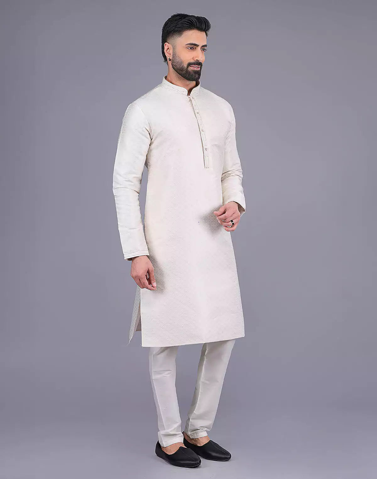 Self Design Cream Colour Soft Silk Stones work Kurta Pyjama Set