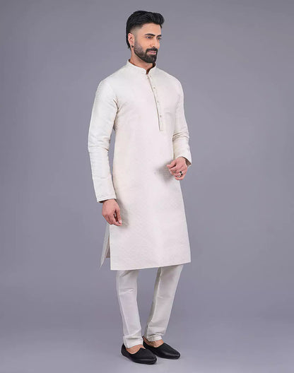 Self Design Cream Colour Soft Silk Stones work Kurta Pyjama Set