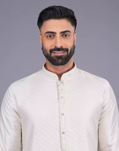 Self Design Cream Colour Soft Silk Stones work Kurta Pyjama Set