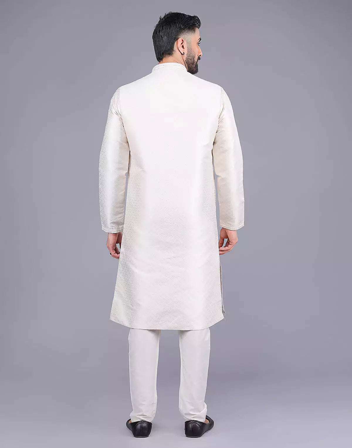 Self Design Cream Colour Soft Silk Stones work Kurta Pyjama Set