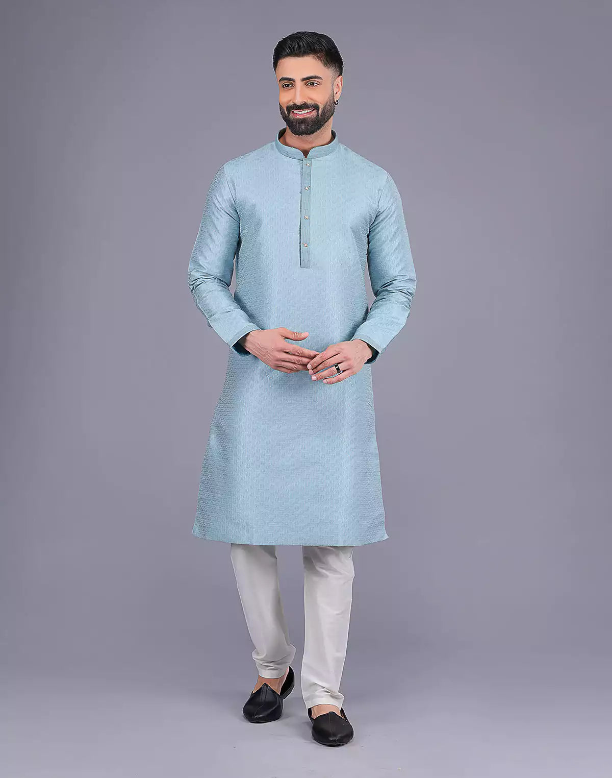 Sky Coloured Self Design Soft Silk Stones work Kurta Pyjama Set