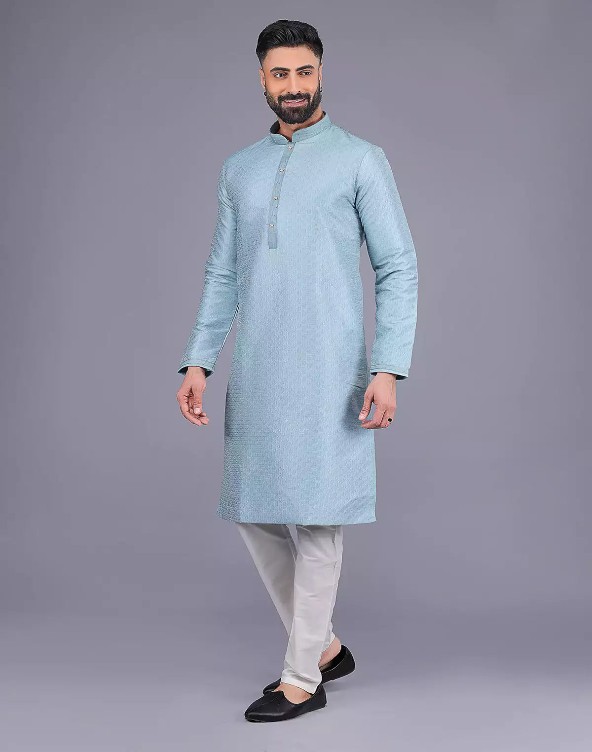 Sky Coloured Self Design Soft Silk Stones work Kurta Pyjama Set