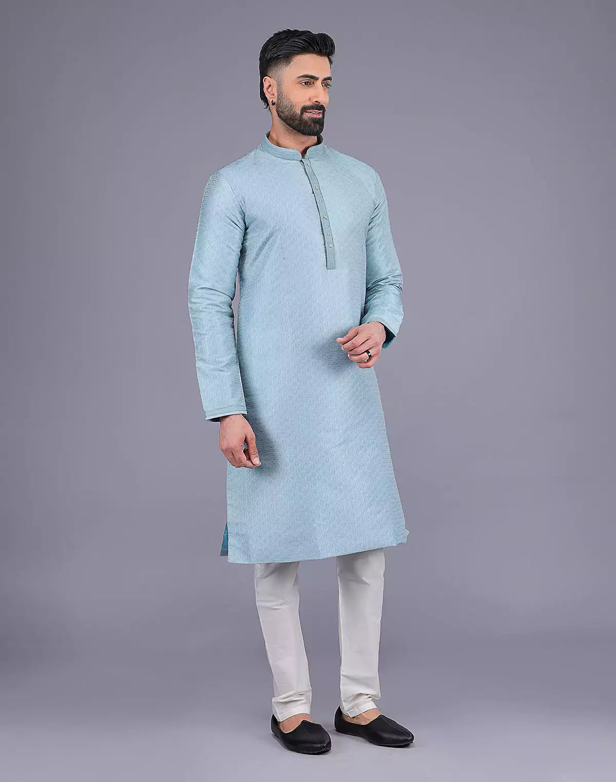 Sky Coloured Self Design Soft Silk Stones work Kurta Pyjama Set