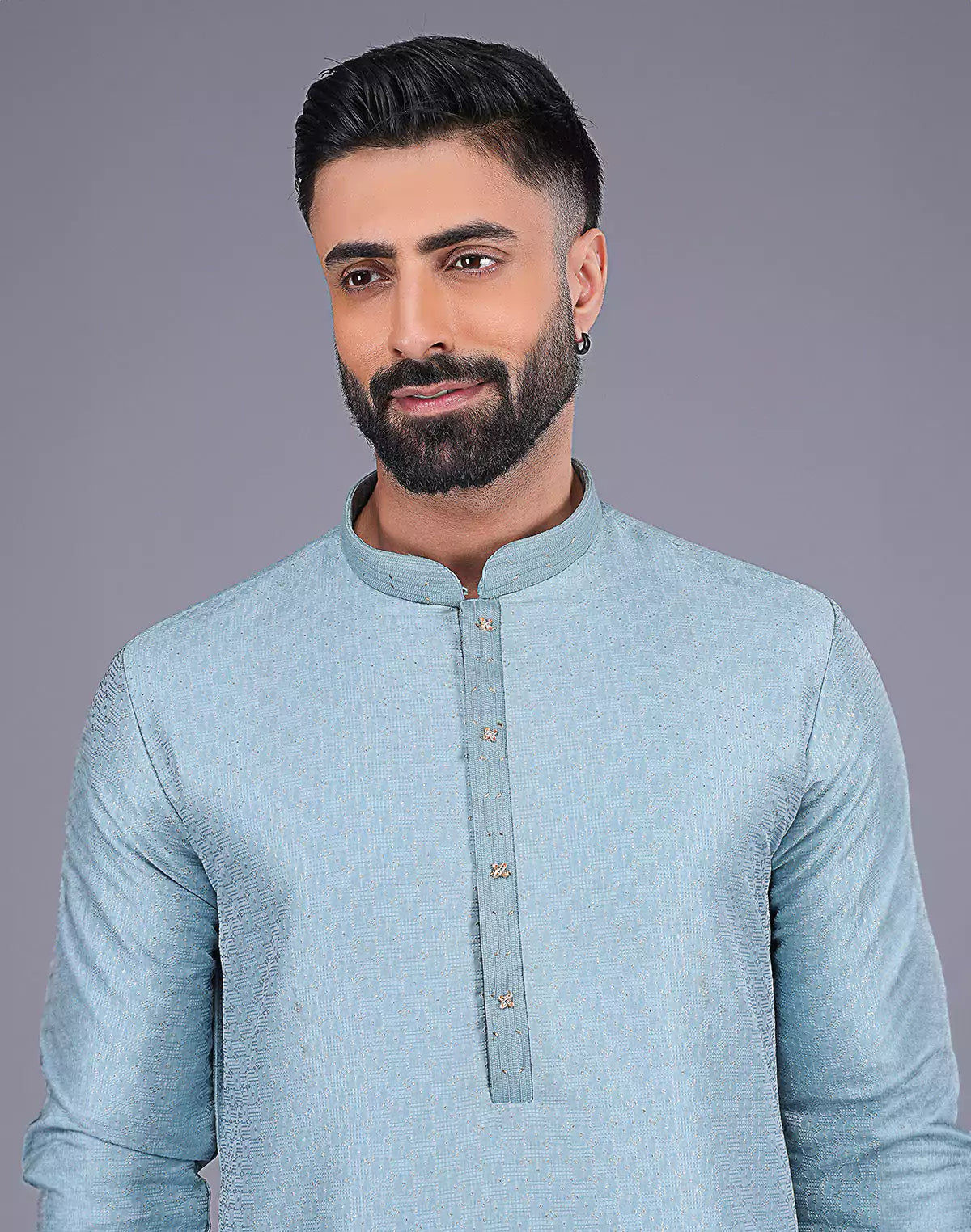 Sky Coloured Self Design Soft Silk Stones work Kurta Pyjama Set