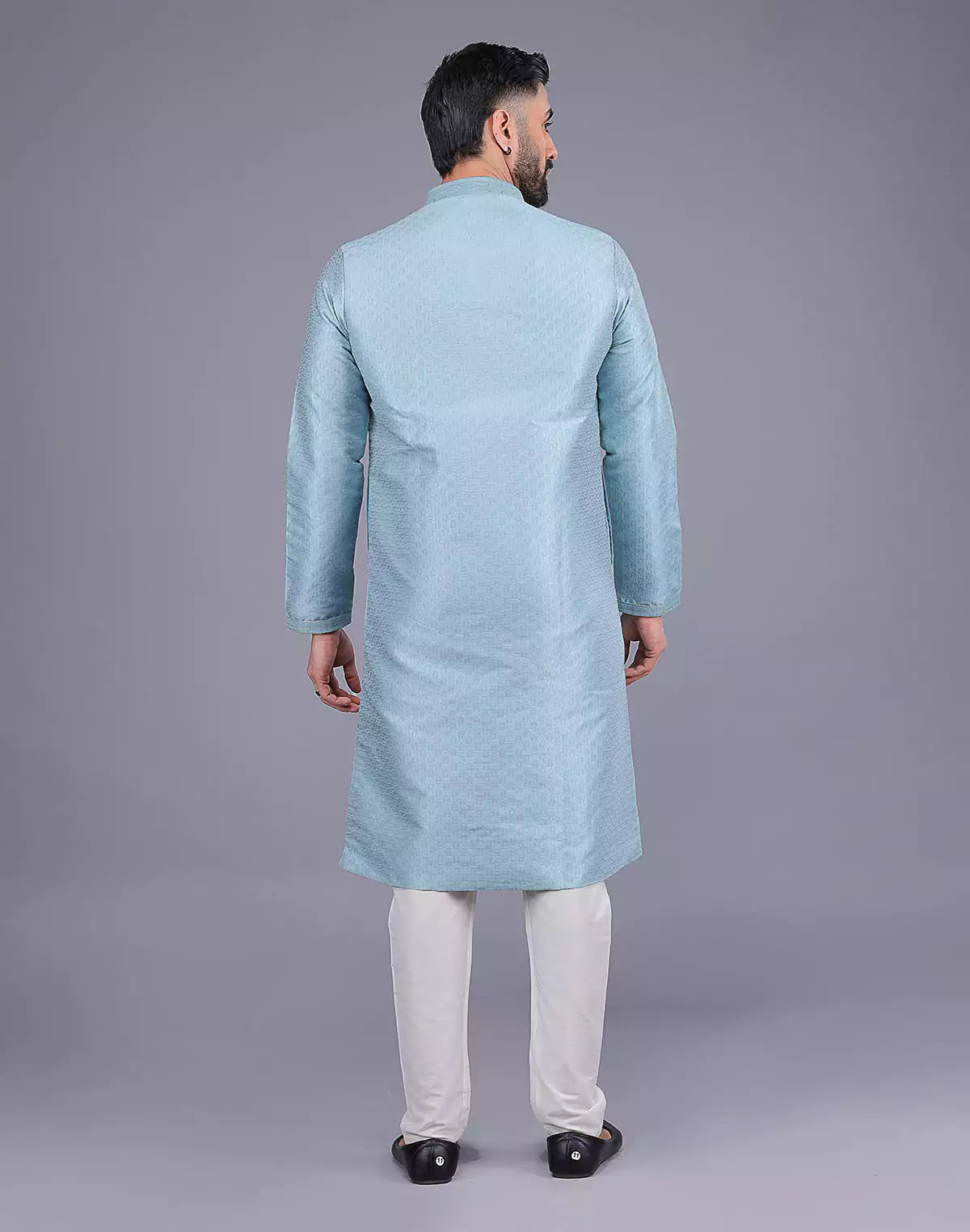 Sky Coloured Self Design Soft Silk Stones work Kurta Pyjama Set