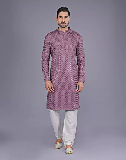 Onion Colour All Over Self Floral Design Thread Embroidery Kurta Set