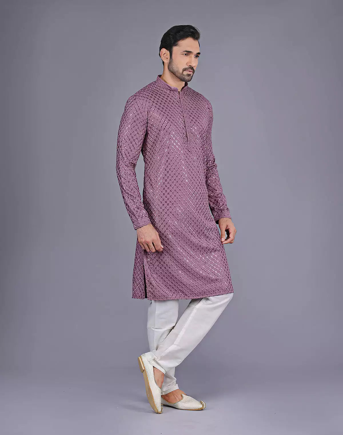 Onion Colour All Over Self Floral Design Thread Embroidery Kurta Set