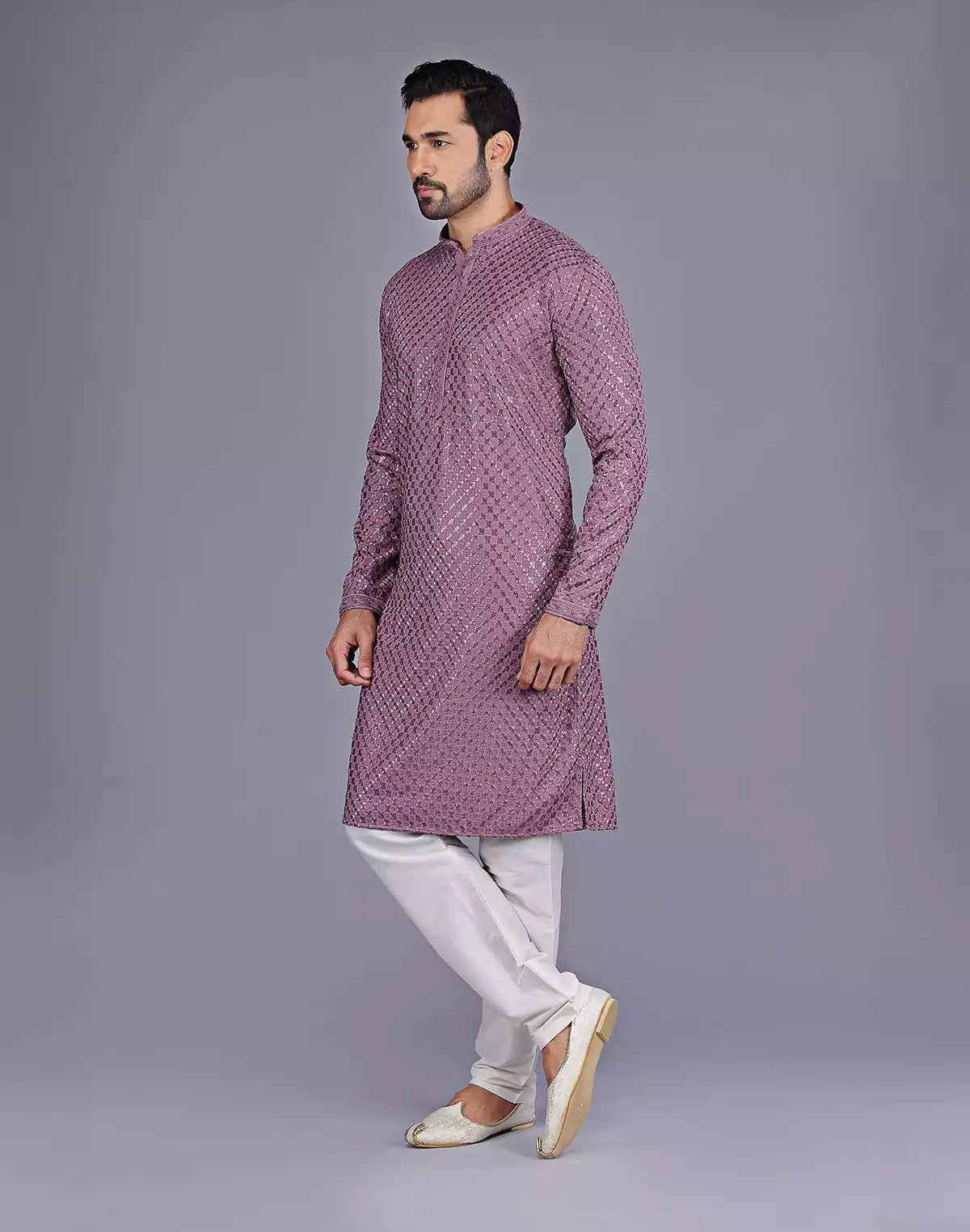 Onion Colour All Over Self Floral Design Thread Embroidery Kurta Set