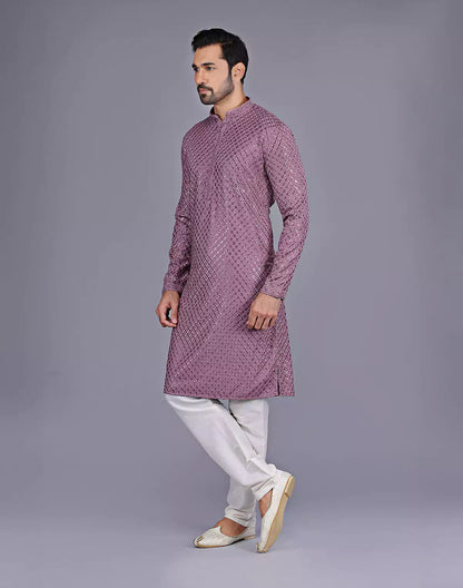 Onion Colour All Over Self Floral Design Thread Embroidery Kurta Set