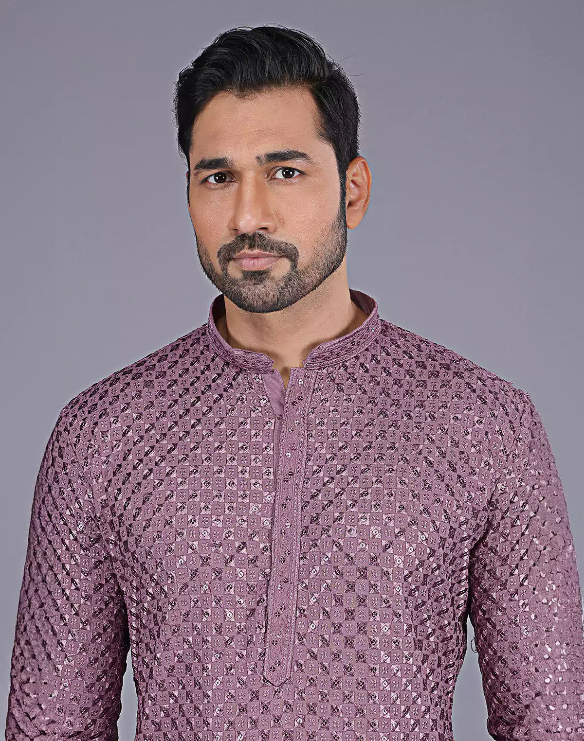 Onion Colour All Over Self Floral Design Thread Embroidery Kurta Set