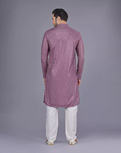 Onion Colour All Over Self Floral Design Thread Embroidery Kurta Set