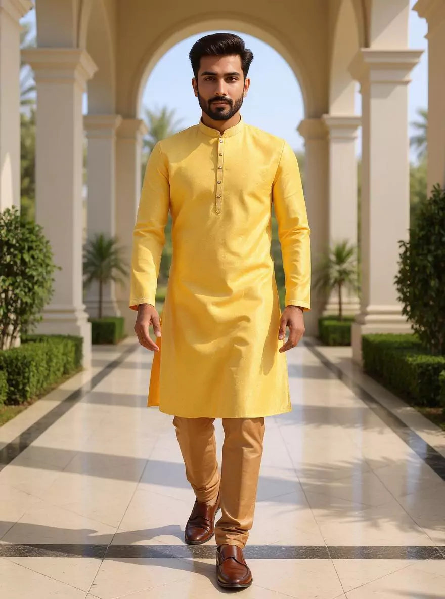 Gold Self Patterned Jacquard Kurta Pyjama Set